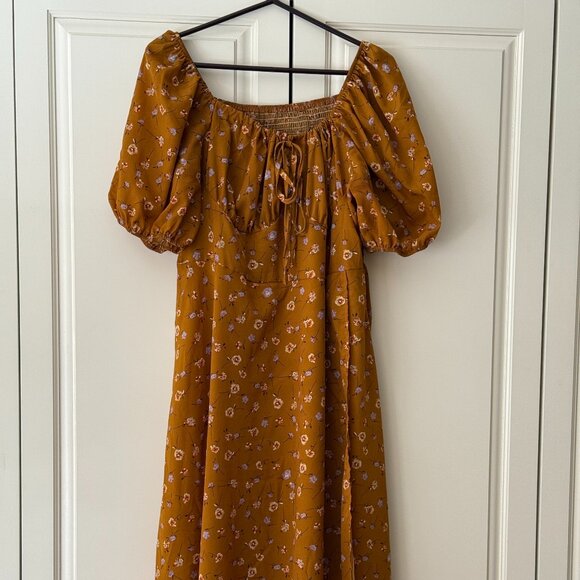 Sweet floral maxi sundress, golden tones, elastic back, 41 long with slit, XL - Picture 2 of 5